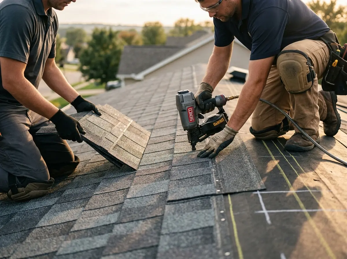 Professional roofer working on a residential roof in Glen Carbon